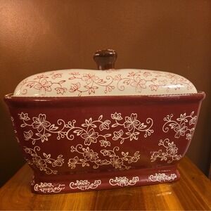 Temp-tations Ovenware By Tara Old World Bread Box And Lid Red Floral Lace